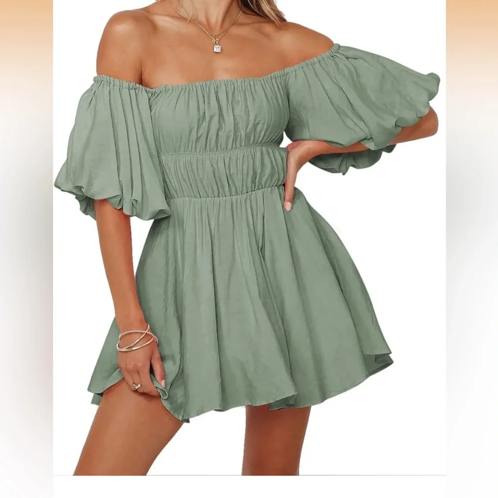 Off-Shoulder Green Mini Dress - Picture 1 of 5